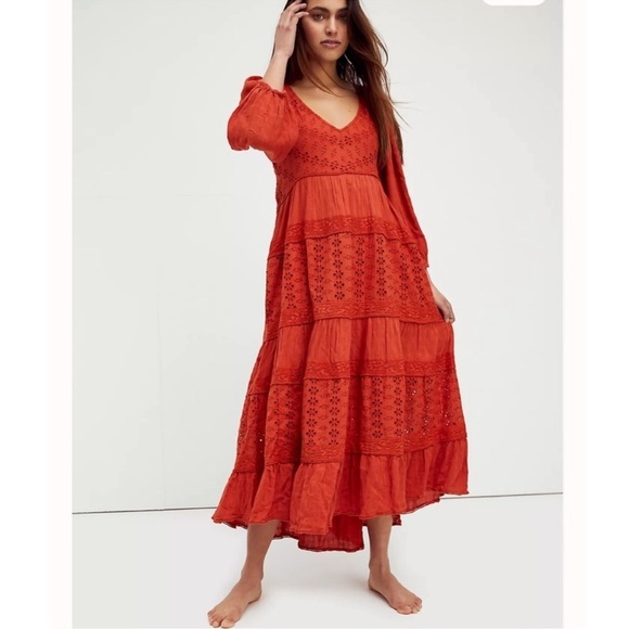 Free People Mockingbird Eyelet Burnt Orange Embroidered Dress Size Small - Picture 1 of 9